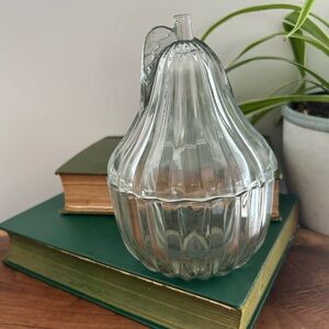Vintage Clear Ribbed Glass Pear Shaped Covered Jar / Candy Dish with Lid